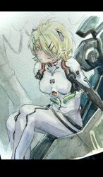  1girl ayanami_rei ayanami_rei_(cosplay) blonde_hair blush bodysuit breasts commentary cosplay english_commentary expressionless feet_out_of_frame hair_ornament hair_over_one_eye hairclip head_tilt highres interface_headset_(evangelion) kagamine_rin kurta_len00 letterboxed light_frown long_sleeves looking_at_viewer mecha_pilot_suit medium_breasts multiple_hairclips one_eye_covered painting_(medium) parallel_hairclips parted_lips photo_(medium) plugsuit_(evangelion) short_hair side_part sitting solo swept_bangs traditional_media vocaloid watercolor_(medium) white_bodysuit 