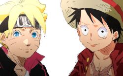  2boys black_hair blonde_hair blue_eyes boruto:_naruto_next_generations boruto_(series) commentary_request hat headband imamuu_(imamoon) male_focus monkey_d._luffy multiple_boys naruto_(series) one_piece red_shirt scar scar_on_face shirt short_hair simple_background smile straw_hat upper_body uzumaki_boruto white_background 