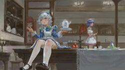  2girls absurdres analog_clock apple apron ascot bat_wings black_shoes blue_dress blue_eyes blue_hair bow braid clock collared_shirt commentary_request cup dress food fruit green_bow grey_hair hair_bow hat hat_ribbon highres holding holding_tray indoors izayoi_sakuya long_hair long_sleeves mai_ye_ovo maid maid_apron maid_headdress mob_cap multiple_girls red_ascot red_eyes remilia_scarlet ribbon shirt shoes sitting sitting_on_table skirt skirt_set table teacup teapot thigh-highs touhou tray twin_braids white_apron white_hat white_shirt white_skirt white_thighhighs wings 