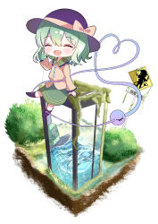 1girl absurdres black_hat black_shoes bow broken_glass bush chibi commentary_request full_body glass green_hair green_skirt hat hat_bow highres komeiji_koishi phone_booth rikiriki200 shirt shoes short_hair sign simple_background sitting skirt touhou translation_request water white_background yellow_bow yellow_shirt 
