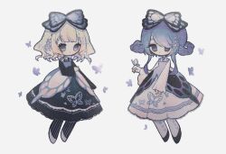  2girls animal_print apron black_dress black_shoes black_socks black_trim blonde_hair blue_apron blue_bow blue_bowtie blue_butterfly blue_hair bow bowtie braid braided_hair_rings bug butterfly butterfly_hair_ornament butterfly_on_hand butterfly_print butterfly_wings commentary curly_ends dress hair_bow hair_ornament hair_ribbon hair_rings highres insect_wings lace lace-trimmed_apron lace-trimmed_dress lace_trim long_sidelocks long_sleeves multiple_girls naiguozi original patterned_legwear purple_apron purple_shoes ribbon shoes short_hair sidelocks socks striped_clothes striped_socks untranslatable_commentary vertical-striped_clothes vertical-striped_socks white_bow white_bowtie white_butterfly white_dress white_ribbon white_socks wide_sleeves wings 