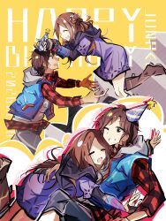  1boy 1girl =_= absurdres blue_vest boots brown_boots brown_eyes brown_hair character_name closed_eyes commentary_request dress grey_hoodie grey_pants hair_bun happy_birthday highres hood hood_down hoodie junpei_(kyokugen_dasshutsu) kurashiki_akane kyokugen_dasshutsu kyokugen_dasshutsu:_9_jikan_9_nin_9_no_tobira layered_sleeves long_hair long_sleeves majinapple multiple_views open_clothes open_mouth open_vest pants plaid_clothes plaid_shirt purple_dress red_shirt shirt short_hair short_over_long_sleeves short_sleeves single_hair_bun single_side_bun smile sweatdrop teeth upper_teeth_only vest watch watch 