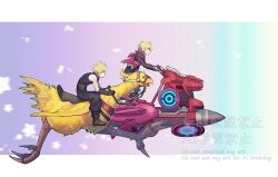  2boys belt bird black_pants black_shirt blonde_hair boots border brown_belt brown_boots chocobo cloud_strife final_fantasy final_fantasy_vii final_fantasy_vii:_advent_children full_body hair_between_eyes highres holding holding_reins hover_bike hunched_over letterboxed male_focus multiple_belts multiple_boys pants red_vest rei_(teponea121) reins ribbed_shirt riding riding_bird running sharp_teeth shirt short_hair shulk_(xenoblade) sleeveless sleeveless_turtleneck super_smash_bros. talons teeth turtleneck vest white_border xenoblade_chronicles_(series) xenoblade_chronicles_1 