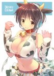  animal_ears arm_warmers bad_id bare_shoulders breasts brown_hair bust character_name cleavage cow_ears cow_horns cow_print gloves headset horns huge_breasts idolmaster idolmaster_cinderella_girls kemonomimi_mode kurobuta_gekkan large_breasts midriff navel oikawa_shizuku pink_gloves short_hair solo 