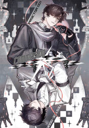  1boy absurdres black_gloves board_game brown_eyes brown_hair brown_jacket chess chess_piece commission gloves highres holding holding_chess_piece jacket long_sleeves male_focus multiple_views original parted_bangs parted_lips pink_ribbon ribbon scarf short_hair watermark white_gloves white_scarf yu_anle_bu_le 