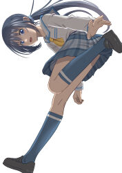  1girl absurdres bent_over black_hair blue_eyes blue_skirt blue_socks brown_shoes cdz3c commentary from_below hair_ornament hair_scrunchie highres kneehighs long_hair neckerchief onami_kohaku onii-chan_asa_made_zutto_gyu_tte_shite! open_mouth plaid_clothes plaid_skirt sailor_collar school_uniform scrunchie shirt shoes side_ponytail skirt socks solo standing standing_on_one_leg white_background white_sailor_collar white_shirt yellow_neckerchief 