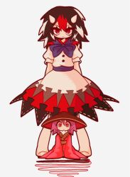  2girls arms_at_sides barefoot birbfoodprmr black_dress black_hair bow bowl bowl_hat bowtie closed_mouth dress frown full_body grey_background hat highres horns japanese_clothes kijin_seija kimono long_hair long_sleeves looking_ahead looking_at_viewer mini_person minigirl multicolored_dress multicolored_hair multiple_girls puffy_short_sleeves puffy_sleeves purple_bow purple_bowtie purple_hair red_dress red_eyes red_kimono red_streaks sash short_sleeves simple_background size_difference sleeves_past_wrists standing straight-on streaked_hair sukuna_shinmyoumaru touhou waist_sash white_dress white_streaks 