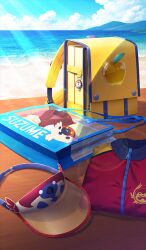  backpack bag beach blue_bag blue_sky clouds commentary_request day fate/grand_order fate_(series) game_asset horizon jacket light_rays no_humans object_focus ocean official_art romaji_text sky sunbeam sunlight third-party_source unworn_backpack unworn_bag unworn_headwear unworn_jacket visor_cap yellow_bag yume32ki 