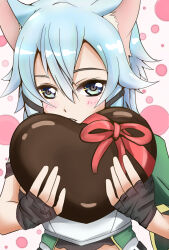  1girl animal_ear_fluff animal_ears aqua_eyes armor black_gloves blue_hair blush breastplate candy cat_ears cat_girl chocolate commentary_request dotted_background double-parted_bangs fingerless_gloves food gift gloves green_jacket grey_armor hair_between_eyes heart heart-shaped_chocolate heart-shaped_food highres holding holding_chocolate holding_food holding_gift jacket looking_at_viewer medium_hair messy_hair parted_lips pink_background raipen sidelocks single_sleeve sinon sinon_(sao-alo) solo straight-on sword_art_online upper_body valentine white_background 