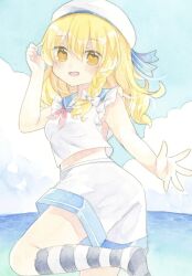  1girl alternate_costume alternate_headwear beret black_socks blonde_hair blue_sailor_collar blue_sky bow braid breasts clouds commentary_request day hair_bow hat highres kagome_f kirisame_marisa kneehighs leg_up long_hair looking_at_viewer neckerchief ocean open_mouth red_neckerchief sailor_collar shirt shorts side_braid single_braid sky small_breasts smile socks solo touhou traditional_media two-tone_socks white_bow white_hat white_shirt white_shorts white_socks yellow_eyes 