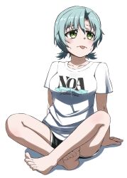  1girl absurdres aqua_hair barefoot breasts collared_shirt d4dj full_body green_eyes hanamaki_towa highres indian_style large_breasts mikamikamikage shirt short_hair short_sleeves shorts simple_background sitting solo sweat toenails tongue tongue_out white_background white_shirt 