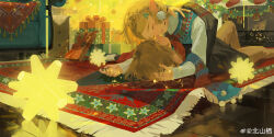  absurdres artist_name beishan_qi blonde_hair box braid brown_hair brown_pants chinese_commentary christmas closed_eyes commentary_request couch couple gift gift_box hair_ornament hairclip happy hetero highres indoors laughing link long_sleeves lower_teeth_only lying on_back open_mouth pants pointy_ears princess_zelda red_scarf red_socks ribbon rug scarf short_hair socks sweater teeth the_legend_of_zelda the_legend_of_zelda:_tears_of_the_kingdom watermark weibo_watermark 