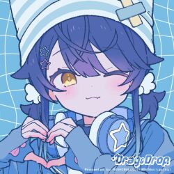  1girl amamiya_kokoro asahara blue_hair blue_theme commentary_request hair_ornament heart heart_hands nijisanji one_eye_closed simple_background star_(symbol) star_hair_ornament thai_commentary x_(symbol) yellow_eyes 
