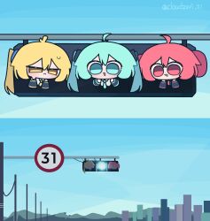  3girls absurdres ahoge akita_neru aqua_eyes aqua_hair blonde_hair chibi cloudzari hatsune_miku highres kasane_teto kasane_teto_(utau) multiple_girls necktie red_eyes red_hair road_sign sign sky traffic_light triple_baka_(group) utau vocaloid yellow_eyes 