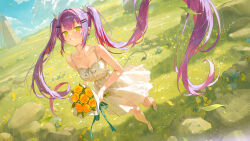  1girl :d absurdres barbell_piercing bare_arms blue_sky bouquet center-flap_bangs clouds colored_inner_hair commentary_request demon_girl demon_tail double-parted_bangs dress ear_piercing field full_body gradient_hair green_eyes grin hair_ornament hairclip highres holding holding_bouquet hololive ikkia industrial_piercing long_hair looking_at_viewer multicolored_hair outdoors parallel_hairclips piercing pink_hair pink_streaks pointy_ears purple_hair sky sleeveless sleeveless_dress smile solo spiked_ear_piercing streaked_hair sundress tail tokoyami_towa twintails virtual_youtuber white_dress 