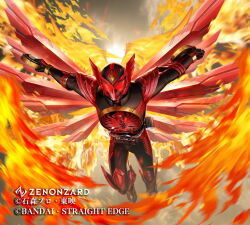  1boy armor armored_bodysuit black_bodysuit black_gloves bodysuit commentary_request core_medal fire gloves helmet holding kamen_rider kamen_rider_ooo kamen_rider_ooo_(series) kamen_rider_ooo_(tajador_combo) makacoon male_focus o_medal o_scanner official_art ooo_driver outstretched_arms red_armor red_eyes red_wings rider_belt solo spread_arms taja_spinner tokusatsu wings zenonzard 
