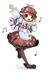  1girl animal_ears apron bird_ears bird_wings black_shoes blush bow bowtie brown_dress brown_pantyhose commentary_request dress hat highres leg_up long_sleeves looking_at_viewer musical_note mystia_lorelei official_style open_mouth pantyhose pinafore_dress pink_bow pink_bowtie pink_hair shoes short_hair sleeveless sleeveless_dress smile solo standing standing_on_one_leg touhou waist_apron white_apron winged_hat wings yamadainari zun_(style) 