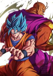  2boys absurdres antennae bald dougi dragon_ball dragon_ball_super highres kazehare_1216 male_focus multiple_boys muscular muscular_male namekian no_eyebrows orange_pants orange_piccolo pants piccolo purple_pants saiyan smile son_goku spiky_hair super_saiyan super_saiyan_blue 