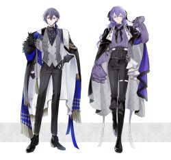  2boys absurdres aiguillette aka_shiro_mt alternate_costume aqua_eyes arm_at_side belt black_boots black_cape black_gloves black_pants black_ribbon black_shirt black_shoes blue_flower blue_gem blue_hair blue_ribbon blue_rose blue_streaks boots boutonniere braid braided_bangs braided_hair_rings brooch cape center_frills clenched_hand closed_mouth colored_inner_hair contrast_lapels cross cross_earrings double-parted_bangs dress_shirt earrings expressionless flower footwear_ribbon formal_clothes frilled_shirt_collar frilled_sleeves frills fringe-trimmed_cape fringe_trim full_body fur-trimmed_cape fur_trim gem gloves grey_cape grey_eyes grey_hair grey_vest hair_behind_ear hair_between_eyes hair_over_shoulder hair_ribbon hair_rings hand_on_own_hip hand_up high-waist_pants highres holding_own_hair hoshirube_sho jewelry knee_boots koyanagi_rou lapels long_hair long_sleeves looking_at_viewer low_side_ponytail male_focus multicolored_hair multiple_boys neck_ribbon nijisanji o-ring o-ring_belt pants pants_tucked_in purple_gem purple_hair purple_sash purple_shirt ribbed_shirt ribbon rose sash shirt shirt_tucked_in shoes side-by-side side_ponytail simple_background single_earring sleeves_past_fingers sleeves_past_wrists smile standing stole streaked_hair tassel thigh_strap two-sided_cape two-sided_fabric vest virtual_youtuber white_background white_belt white_cape 
