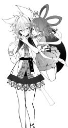  2girls belt bracelet chisel commentary_request dress hair_intakes hair_ornament hair_rings hair_stick hamonika_monika highres jewelry kaku_seiga looking_at_another medium_hair multiple_girls pointy_hair ritual_baton short_sleeves simple_background skirt sleeveless touhou toyosatomimi_no_miko vest 