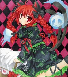 1girl animal_ears black_dress black_ribbon braid cat_ears cat_girl cat_tail checkered_background commentary_request dress ghost highres kaenbyou_rin red_eyes red_hair red_ribbon ribbon tail touhou twin_braids twintails yukitsuki_kokoro 