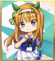  1girl animal_ears bow bowtie closed_mouth commentary_request ear_covers green_eyes hair_ornament hairband highres horse_ears horse_girl long_hair looking_at_viewer orange_hair pleated_skirt puffy_short_sleeves puffy_sleeves purple_bow purple_bowtie purple_shirt shirt short_sleeves signature silence_suzuka_(umamusume) skirt smile solo takojiru traditional_media umamusume white_hairband white_skirt 
