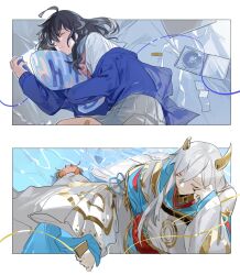  1boy 1girl ahoge bandaid bed_sheet black_hair blue_cardigan blue_sailor_collar bokyo border broken_horn cardigan cd cd_case cellphone closed_eyes closed_mouth crab dated_commentary gold_horns gold_trim grey_hair grey_skirt hair_between_eyes hand_on_own_cheek hand_on_own_face highres holding holding_phone holding_pillow horns hugging_object izumo_kasumi_(1st_costume)_(nijisanji) izumo_kasumi_(nijisanji) japanese_clothes kariginu long_hair long_sleeves lying marking_on_cheek miniskirt neckerchief nijisanji off_shoulder on_side outside_border phone pillow pink_neckerchief pleated_skirt sailor_collar shirt skirt sleeping sleeves_past_wrists smartphone umiyasha_no_kami virtual_graduation_commemoration virtual_youtuber water white_border white_shirt 
