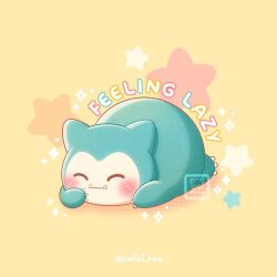  blush chibi chibi_only closed_eyes closed_mouth commentary english_commentary english_text fangs full_body lying no_humans on_stomach pokemon pokemon_(creature) pokemon_focus shirley_(chiai_tea) snorlax solo star_(symbol) twitter_username yellow_background 