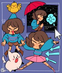  1other annoying_dog aqua_flower baby_animal ballet_slippers bird bird_that_carries_you_over_a_disproportionately_small_gap blue_background blue_sweater blush brown_hair brown_shoes brown_shorts chick child cursor dog double_horizontal_stripe echo_flower english_text flower frisk_(undertale) holding holding_umbrella knee_blush multiple_views polearm shoes shorts spear sweater tutu umbrella undertale utdr_(toby_fox) waterfall_(undertale) weapon white_dog ztermidsy 