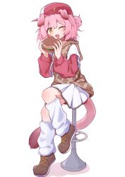  1girl :d ;d absurdres alternate_costume animal_ears arknights bar_stool barurun_pen blush brown_shoes brown_sweater_vest burger commentary_request fingernails food food_on_face full_body goldenglow_(arknights) hat highres holding holding_burger holding_food hood hood_down hooded_vest hoodie layered_sleeves lightning_bolt_symbol long_sleeves looking_at_viewer miniskirt on_stool one_eye_closed open_mouth partial_commentary pink_hair pink_tail pleated_skirt red_hat shoes short_hair short_over_long_sleeves short_sleeves simple_background sitting skirt smile solo stool sweater_vest tail vest white_background white_skirt 