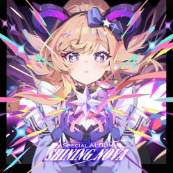 1girl absurdres arknights arknights:_endfield blonde_hair commentary_request curled_horns demon_girl demon_horns earrings gloves hairband heart heart_earrings highres horns jewelry liino_(arknights) long_hair multicolored_horns parted_lips partially_fingerless_gloves pointy_ears purple_gloves purple_hairband purple_horns shrug_(clothing) solo star-shaped_pupils star_(symbol) symbol-shaped_pupils two-tone_horns violet_eyes white_shrug yotte 