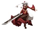  alternate_costume animal_ears boots hat huge_weapon icf inubashiri_momiji mazuka_kei outstretched_arm ribbon short_hair silver_hair simple_background solo sword tail tokin_hat touhou weapon white_background wide_sleeves wolf_ears wolf_tail 