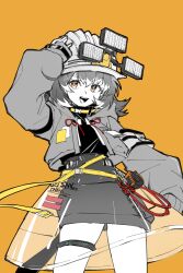  1girl :d arknights arm_up cement_(arknights) chinese_commentary clothes_writing commentary_request cowboy_shot hair_between_eyes hand_on_headwear hard_hat helmet highres infection_monitor_(arknights) jacket looking_at_viewer open_clothes open_jacket open_mouth partial_commentary partially_colored piaoliu_ping_ping_ping_pingzi see-through_clothes see-through_skirt shirt short_hair simple_background skirt sleeves_past_wrists smile solo split_mouth standing strap teeth turtleneck turtleneck_shirt upper_teeth_only yellow_background yellow_eyes 