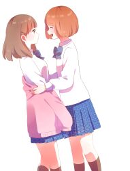  2girls :d ^_^ absurdres blue_bow blue_bowtie blue_skirt blush bow bowtie brown_hair brown_socks cardigan closed_eyes closed_mouth collared_shirt commentary_request facing_another feet_out_of_frame from_side highres kneehighs long_sleeves looking_at_another medium_hair multiple_girls namako172 off_shoulder open_cardigan open_clothes open_mouth orange_hair original pink_cardigan plaid_clothes plaid_skirt pleated_skirt profile school_uniform shirt short_hair simple_background skirt sleeves_past_fingers sleeves_past_wrists smile socks standing white_background white_shirt yuri 
