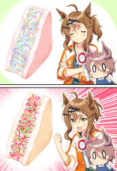  0_0 2girls ahoge animal_ears blue_overalls blush brown_hair closed_eyes closed_mouth crossed_arms food hair_between_eyes hair_ornament hairclip highres holding horse_ears horse_girl horse_tail jacket jewelry jungle_pocket_(umamusume) long_sleeves medium_hair multiple_girls narita_taishin_(umamusume) notched_ear odawara_hakone open_mouth orange_jacket overalls scorecard shirt smile sprinkles tail umamusume white_shirt yellow_eyes 