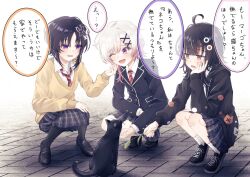  3girls :d ;d ahoge alternate_costume animal_ear_headphones animal_ears aru0607 black_cat black_hair black_hoodie black_pantyhose black_shoes black_skirt black_suit butterfly_hair_ornament cat cat_ear_headphones cat_ears collared_shirt commentary_request eyeball_hair_ornament fake_animal_ears fang full_body gradient_hair hair_ornament headphones highres hood hoodie housho_margo mahou_shoujo_no_majo_saiban multicolored_hair multiple_girls necktie one_eye_closed open_mouth orange_eyes orange_streaks pantyhose pink_eyes pink_hair plaid_clothes plaid_skirt pleated_skirt red_necktie sakuraba_ema sawatari_coco shirt shoes short_hair skirt smile socks speech_bubble squatting streaked_hair striped_clothes striped_necktie suit sweater translation_request violet_eyes white_hair white_shirt white_socks x_hair_ornament yellow_sweater 