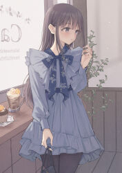  1girl arm_at_side bag black_bag black_hair black_pantyhose blue_bow blue_bowtie bow bowtie closed_mouth commentary_request commission cowboy_shot cup dress drinking_glass expressionless floral_print food grey_eyes hand_up handbag highres holding holding_bag indoors long_hair long_sleeves looking_to_the_side nagidango original pantyhose plant potted_plant print_bow print_bowtie purple_dress restaurant short_dress skeb_commission solo standing straight_hair sweets turning_head 