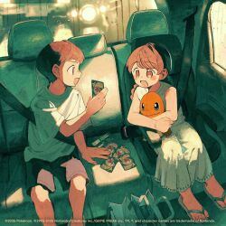  1boy 1girl :d brown_hair car_interior car_seat character_request charmander child commentary_request copyright_notice dress jimini_shijimi long_dress long_hair looking_at_another looking_at_card open_mouth pokemon pokemon_card sandals seatbelt shirt short_hair short_sleeves shorts sitting sleeveless smile stuffed_animal stuffed_toy t-shirt twintails white_dress white_shirt 