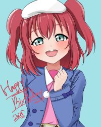  1girl absurdres blue_background blue_jacket blush casual collarbone commentary_request contrast_collar earrings english_text green_eyes hair_between_eyes happy_birthday hat highres jacket jewelry kurosawa_ruby long_hair long_sleeves looking_at_viewer love_live! love_live!_sunshine!! meisoochuu open_clothes open_jacket open_mouth pink_shirt red_eyes shirt sidelocks simple_background skirt solo teeth two_side_up upper_body upper_teeth_only white_hat yellow_skirt 