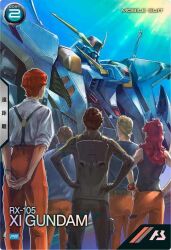  2girls 3boys army artist_request back blonde_hair blue_eyes blue_sky brown_hair character_request emerelda_zubin english_commentary gundam gundam:_hathaway's_flash gundam_arsenal_base hathaway_noa jumpsuit kelia_dace light_rays logo mecha mecha_pilot_suit military_uniform mixed-language_text mobile_suit multiple_boys multiple_girls official_art orange_hair promotional_art purple_hair robot science_fiction short_hair sky soldier sun sunbeam sunlight title v-fin xi_gundam 