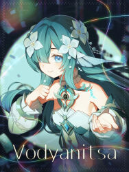  1girl bare_shoulders blue_eyes blush character_name closed_mouth commentary_request detached_collar detached_sleeves dress flower genshin_impact green_hair hair_flower hair_ornament highres kana_ami long_hair long_sleeves looking_at_viewer reaching reaching_towards_viewer smile solo vodyanitsa_(genshin_impact) white_dress white_flower 