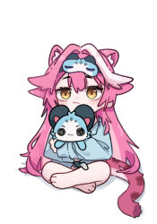  1girl animal_ears barefoot blue_hoodie blue_mask blush character_mask chattino_(raora_panthera) chibi chibi_only closed_mouth commentary english_commentary hair_intakes highres hololive hololive_english hood hoodie long_hair long_sleeves mask mask_on_head miaoema multicolored_hair panther_ears panther_girl panther_tail pink_hair pink_tail raora_panthera simple_background sitting sleep_mask sleeves_past_wrists solo streaked_hair tail thighs virtual_youtuber white_background yellow_eyes 