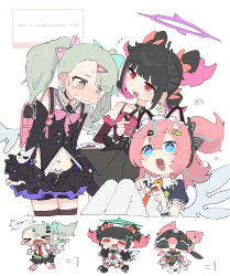  >_< +++ 3girls @_@ alternate_hairstyle angels_of_delusion animal_ear_hairband animal_ears aqua_hair aqua_streaks aria_(human)_(discordant_note)_(zenless_zone_zero) aria_(human)_(zenless_zone_zero) aria_(robot)_(zenless_zone_zero) aria_(zenless_zone_zero) bag bare_shoulders black_choker black_dress black_hair black_shirt black_skirt blue_eyes blush brown_thighhighs buivi cat_ear_hairband cat_ears chibi choker closed_eyes closed_mouth collarbone colored_inner_hair commentary_request cosplay costume_switch crossed_bangs detached_sleeves dress enmaided fake_animal_ears fang finger_heart four-finger_heart_hands ghost_hair_ornament green_eyes green_hair green_halo hair_between_eyes hair_ornament hairband hairclip halo heart heart_hands highres humanoid_robot looking_at_another looking_at_viewer maid maid_headdress midriff multicolored_hair multiple_girls multiple_hairclips nangong_yu nangong_yu_(rhapsody's_muse) navel open_mouth pink_bag pink_hair purple_halo quad_tails red_eyes robot robot_girl shirt short_twintails simple_background skirt star-shaped_pupils star_(symbol) streaked_hair sunna_(afternoon_tea_break)_(zenless_zone_zero) sunna_(zenless_zone_zero) symbol-shaped_pupils thigh-highs twintails white_background white_wings winged_bag wings zenless_zone_zero 