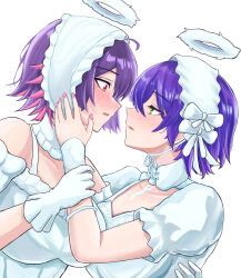  2girls alternate_costume bare_shoulders belle_(zenless_zone_zero) black_hair blue_hair blush collarbone colored_inner_hair commentary_request detached_sleeves dress ellen_joe frilled_hairband frills gloves green_eyes hairband halo hand_on_another's_cheek hand_on_another's_face highres looking_at_another miyabidai multicolored_hair multiple_girls pink_nails red_eyes red_hair short_hair short_sleeves simple_background teeth upper_teeth_only white_background white_dress white_gloves white_hairband white_halo yuri zenless_zone_zero 
