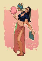  1boy 1girl anirudhtirumala antlers arm_behind_back blue_jacket book commentary cotton_candy english_commentary eyewear_on_head food full_body hair_slicked_back highres holding holding_book holding_cotton_candy holding_food hood horns jacket midriff nico_robin on_shoulder one_piece petals pink_background pink_petals reindeer_antlers short_sleeves smile tony_tony_chopper 