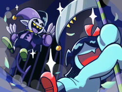  1boy 1girl 908_kokoreha aqua_(deltarune) aqua_dress aqua_skin colored_skin colored_teeth commentary deltarune dress english_commentary hair_wings hat highres holding holding_scythe jester jester_cap jevil jevilstail multiple_knives neck_ruff pointy_ears scar_across_eyes scythe short_side_ponytail side_ponytail sleeves_past_fingers sleeves_past_wrists tail trait_connection utdr_(toby_fox) yellow_teeth 