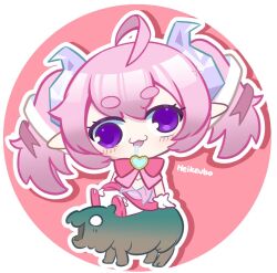  ahoge chibi chibidoki crystal_horns drooling heikevbo hippopotamus horns indie_virtual_youtuber lazy_eye looking_at_viewer moo_deng open_mouth pink_hair pink_shoes pink_skirt pointy_ears riding riding_animal shoes sitting skirt twintails violet_eyes virtual_youtuber 