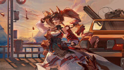  1girl absurdres angelina_(arknights) angelina_the_mellow_wish_(arknights) animal_ear_fluff animal_ears arknights bird black_collar black_gloves black_hairband brown_hair car clouds collar cowboy_shot detached_sleeves dress evening fox_ears fox_girl gloves hair_between_eyes hairband highres lemonnade long_hair long_sleeves motor_vehicle multicolored_hairband ocean outdoors pleated_dress railing shading_eyes sky smile solo sunset twintails two-tone_hairband utility_pole very_long_hair water white_dress 
