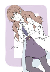  1girl bags_under_eyes belt black_necktie brown_eyes brown_hair closed_mouth collared_shirt commentary_request dress_shirt hands_in_pockets highres kiyama_harumi long_hair looking_at_viewer mature_female motor_vehicle necktie pantyhose shirt solo toaru_kagaku_no_railgun toaru_majutsu_no_index twi0ma 