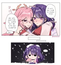  2girls animal_ears blush commentary detached_sleeves english_commentary english_text fox_ears genshin_impact heart highres hug japanese_clothes kimono long_hair multiple_girls nonons pink_hair purple_hair purple_kimono raiden_shogun snow snowing speech_bubble sweat violet_eyes yae_miko yae_miko_(fox) yuri 